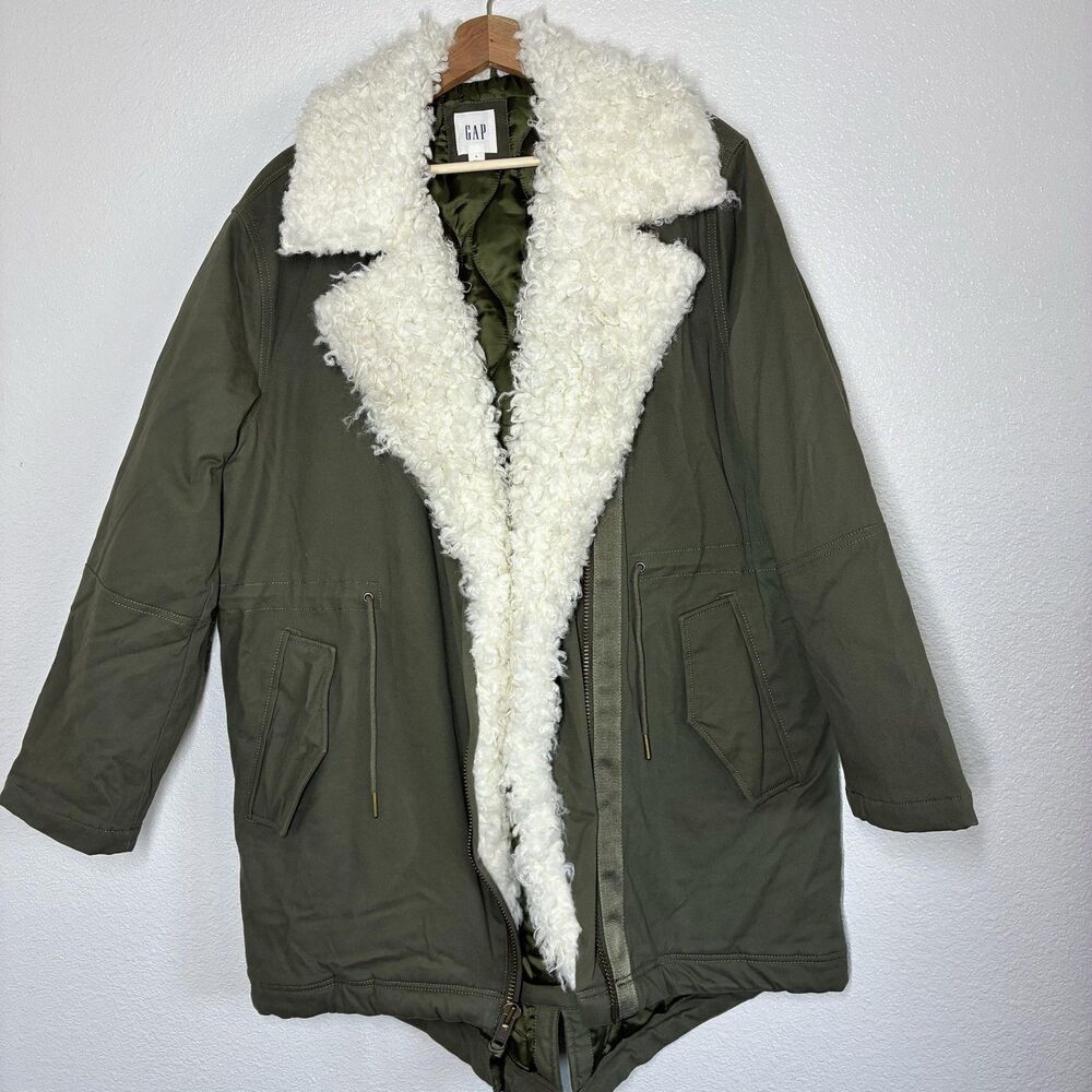 Gap Shearling Collar Parka PrimaLoft Coat Womens Large Green FauxLined Fishtail